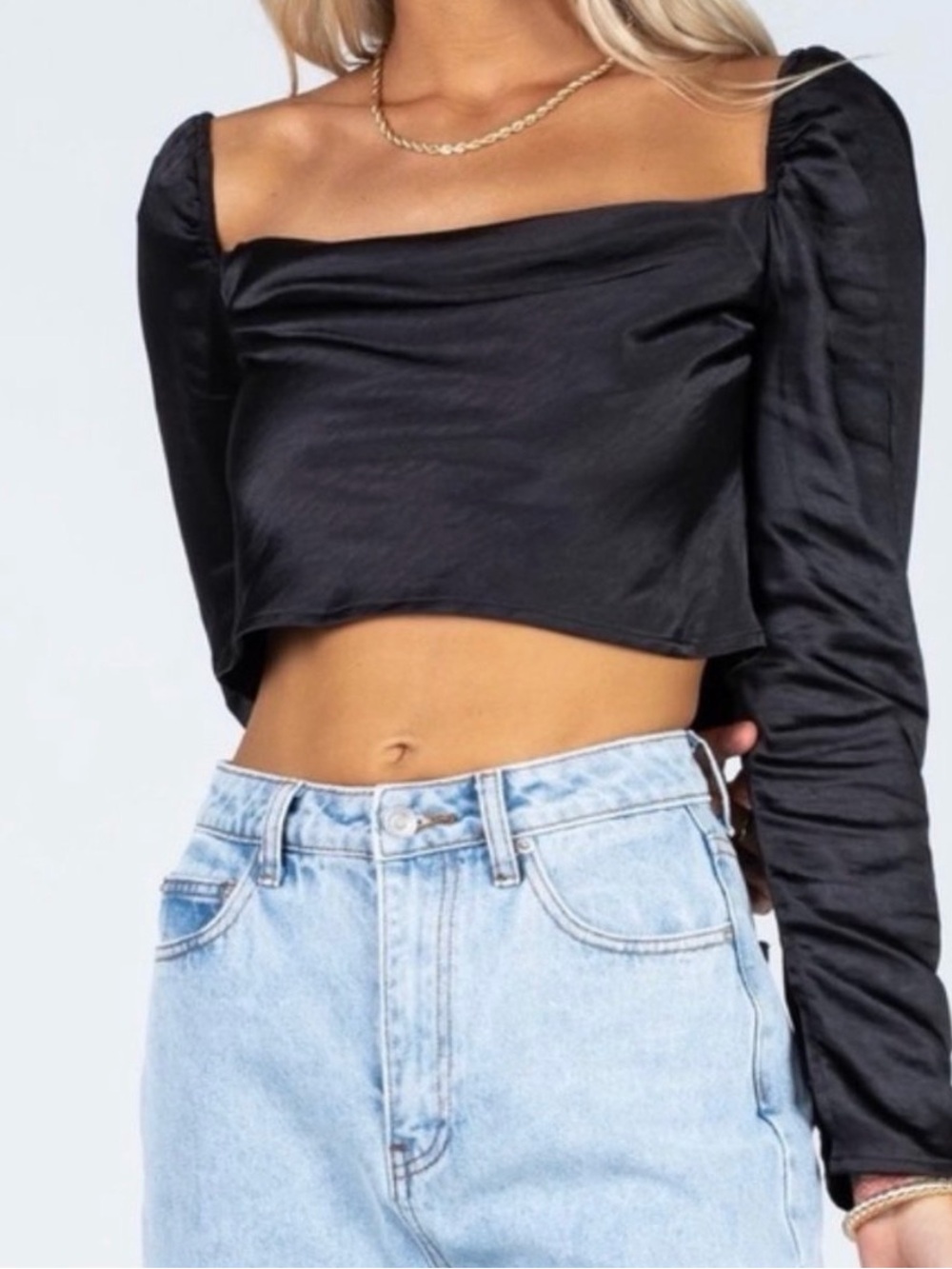 Princess Polly - Satin Square-Neck Long-Sleeve Crop Top